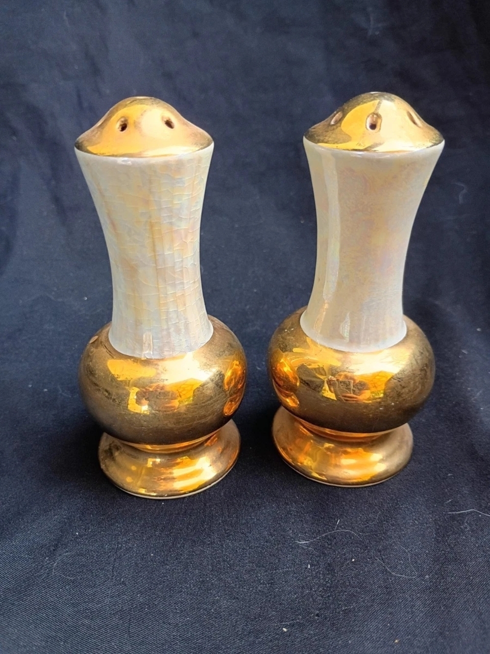 Pair Of Vtg White Pearl And Gold Lusterware Salt And Pepper Shakers